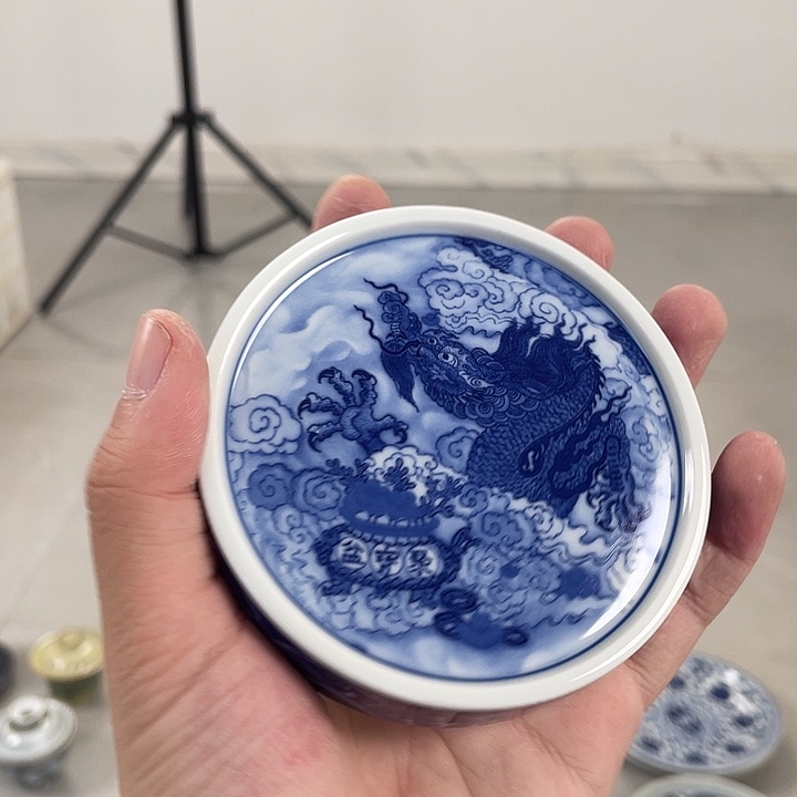 瓷片景德镇青花腾龙贤宝盖置