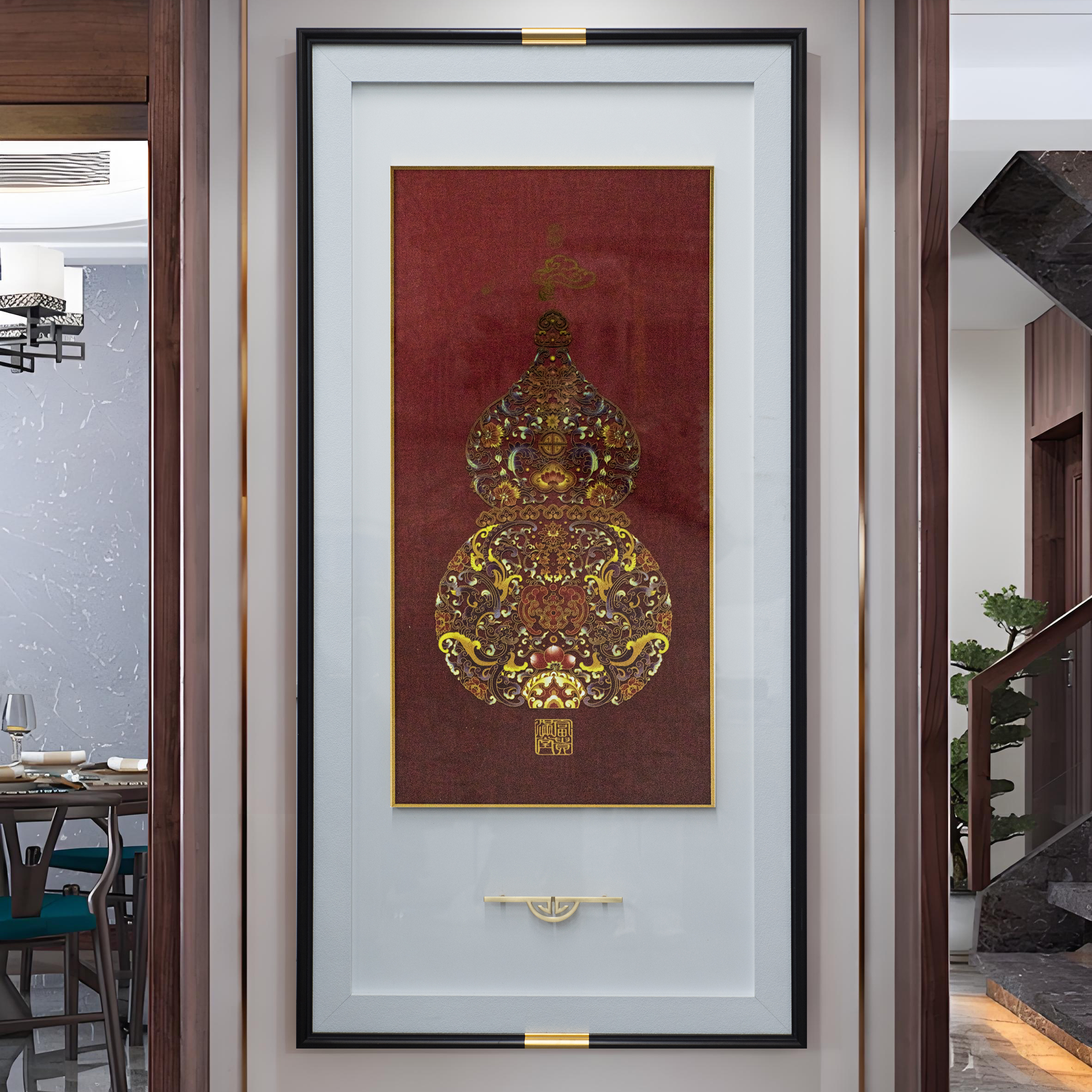 新中式玄关装饰画客厅走廊挂画新中式竖版玄关铜板画葫芦80160