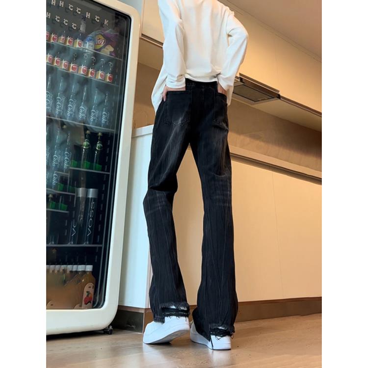 X191 美式复古vibe裤子高街水洗做旧蓝色竹节纹牛仔裤男款微喇裤