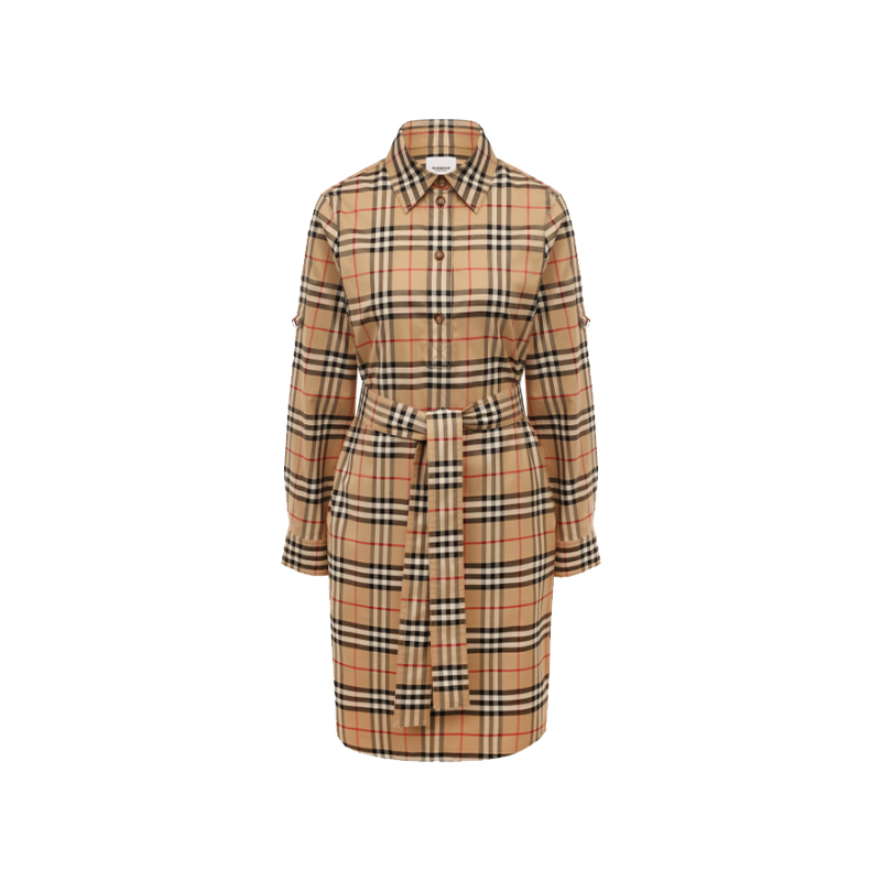 BURBERRY/博柏利经典格纹单排扣束腰衬衫长袖连衣裙卡其色8063498