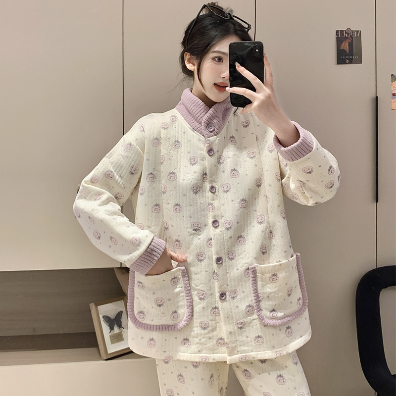 秋冬季月子服产后孕妇睡衣哺乳喂奶产妇空气棉夹层吸汗家居服套装