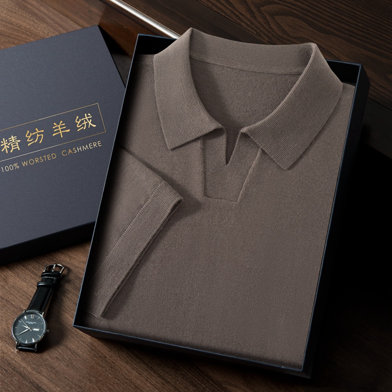 100%男士纯山羊绒短袖高档针织套头POLO领半袖休闲纯色上衣