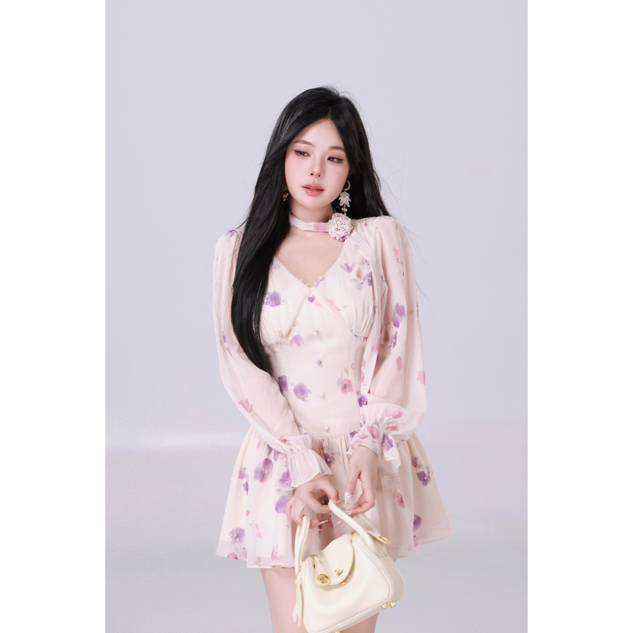 MengFairy【人比花娇】温柔气质长袖V领收腰雪纺小众连衣裙4817M