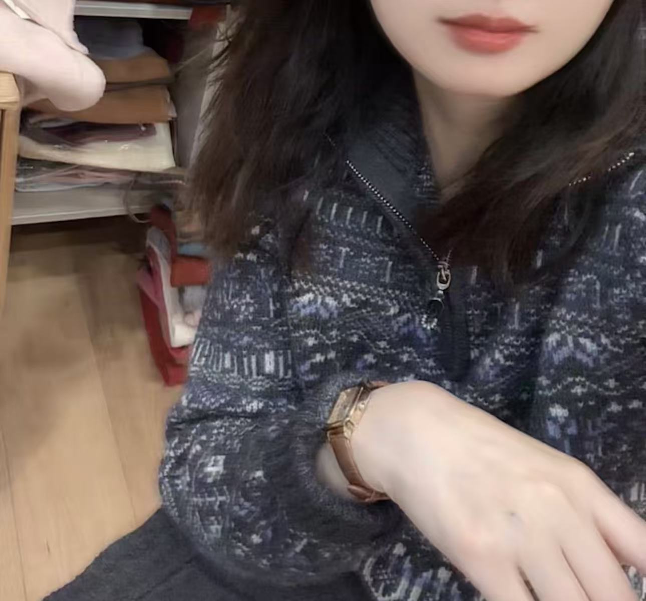 七言家 半拉链复古灰蓝费尔岛提花毛衣