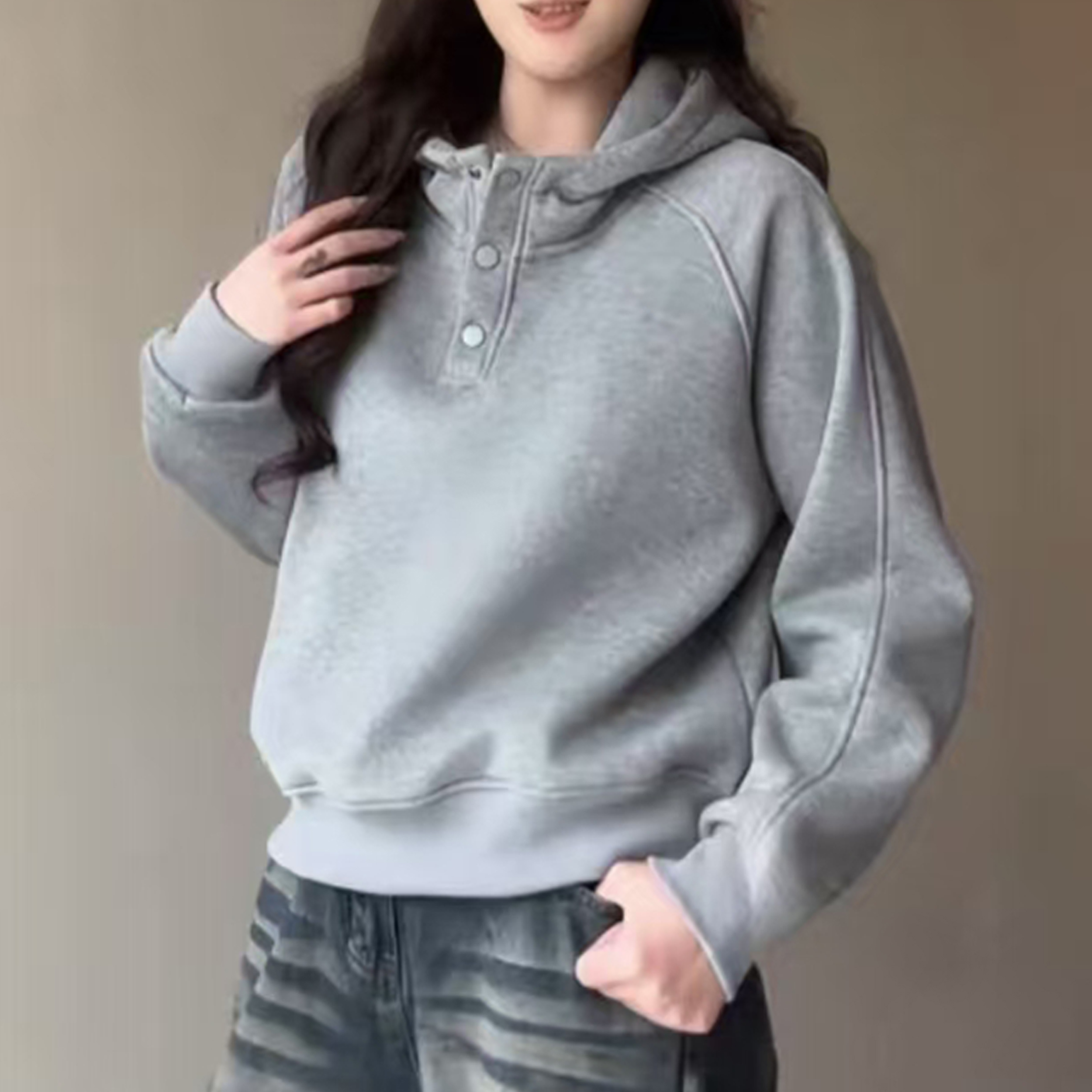 女士时尚半开扣连帽短款加绒保暖叠穿卫衣时尚内搭韩系简约H457