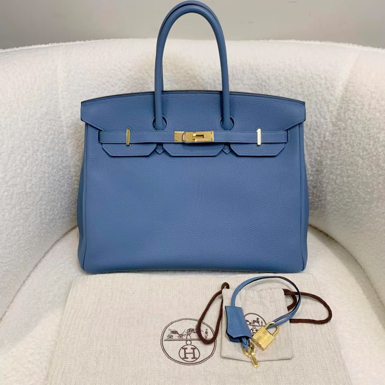 99新 Hermes/爱马仕 壹臻/蓝金扣brkin35手提包C刻togo/63422930