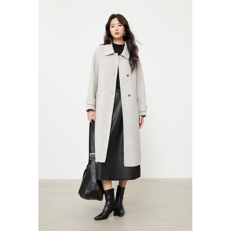 SANI双面呢羊毛大衣女秋冬高级感松弛翻领排扣中长款69D102DY0522