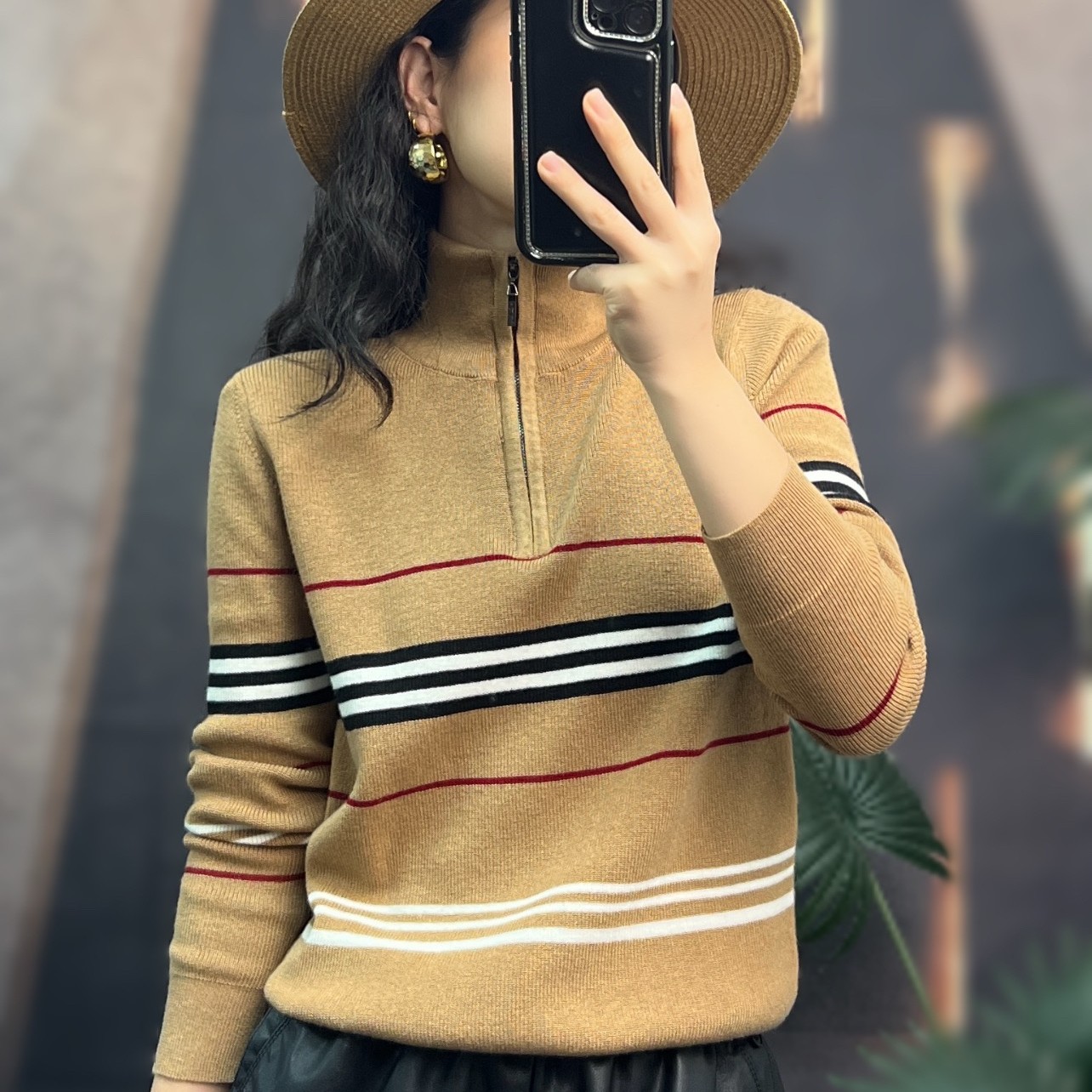 条纹衬衣领假两件针织衫修身休闲百搭长袖开衫早秋新款上衣女