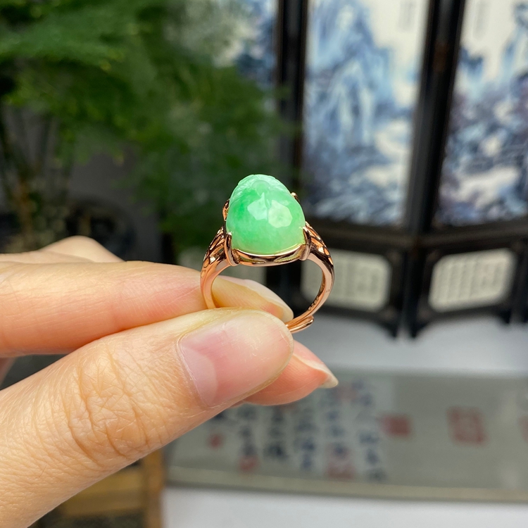 925银镶满绿小貔貅戒指戒圈 天然翡翠A货