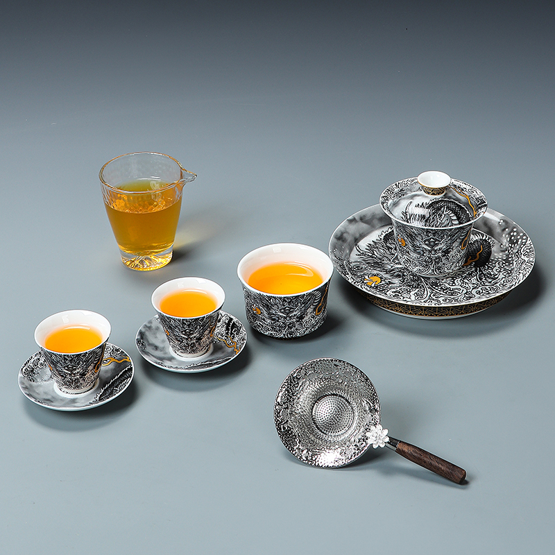 景德镇墨龙功夫茶具套装可悬停旋转三才盖碗公司活动开业伴手礼品