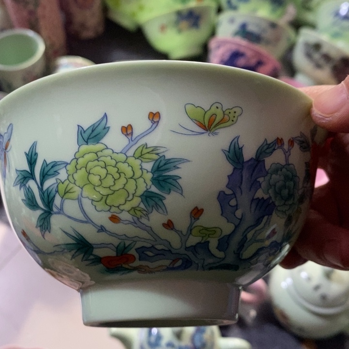 摆件陶绿稀土蝴蝶牡丹五寸碗