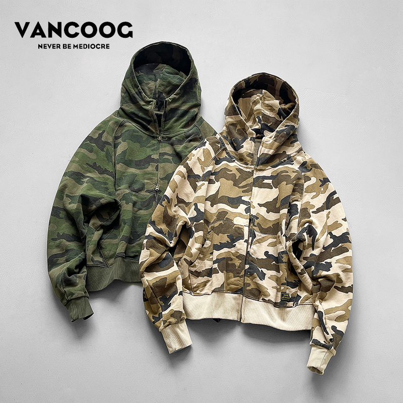 VANCOOG美潮500克纯棉宽松vintage迷彩外套百搭开衫连帽卫衣男装