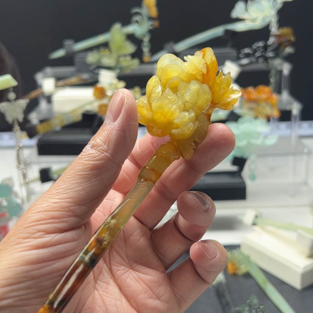 岫玉福利发簪足银镀金镶嵌