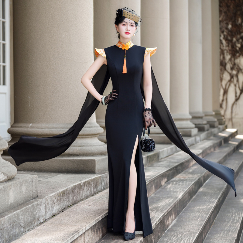 N913弹力免烫 大气修身小飞袖改良加长年轻款旗袍礼服裙主持
