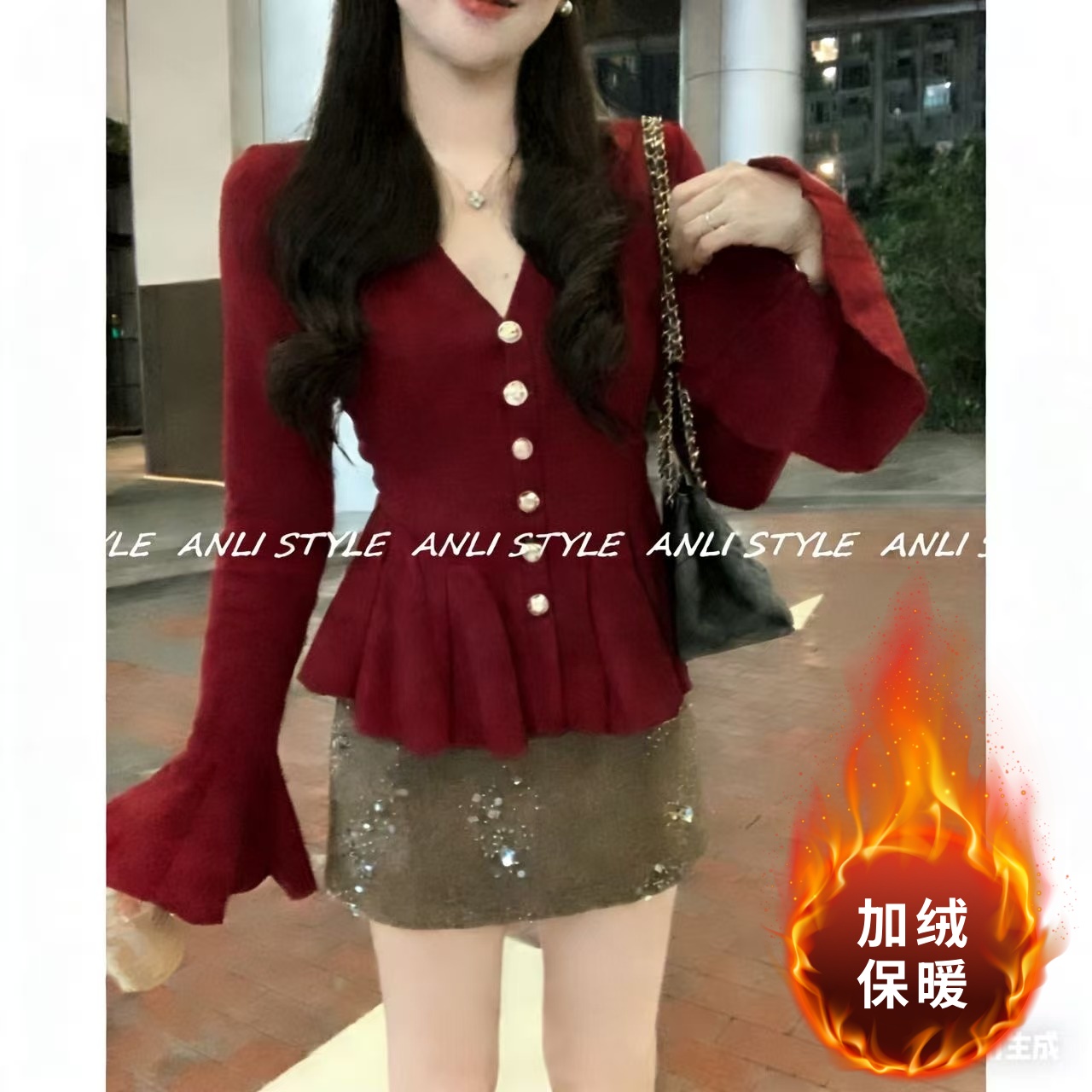 加绒千金感法式喇叭袖开衫女秋冬新款荷叶边长袖针织上衣