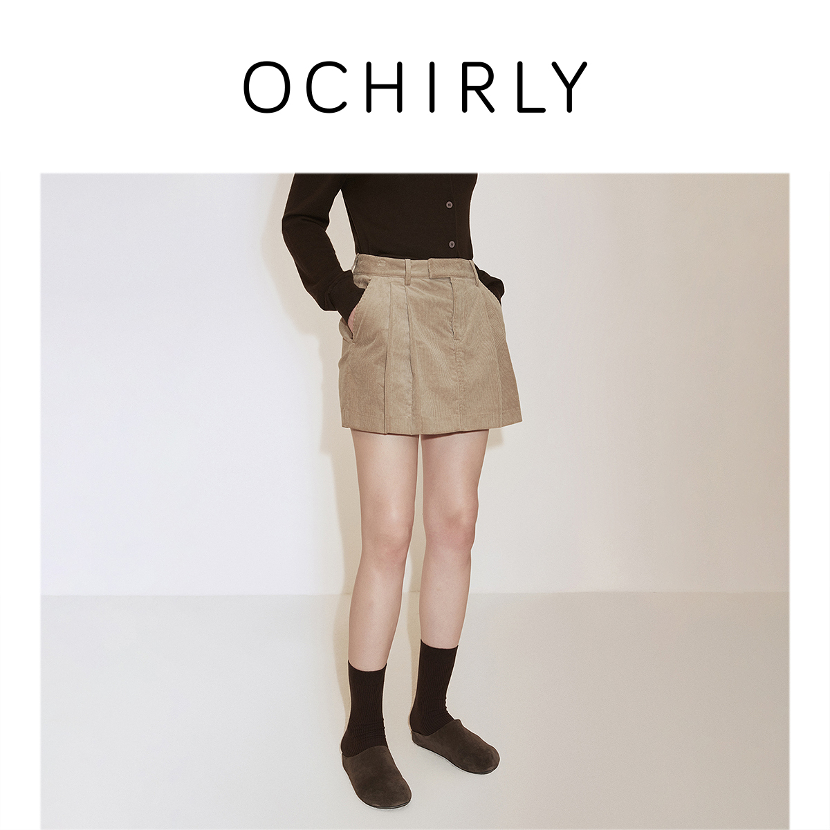 OCHIRLY欧时力 弹力灯芯绒百褶短裙a字半身裙高级感秋季新品