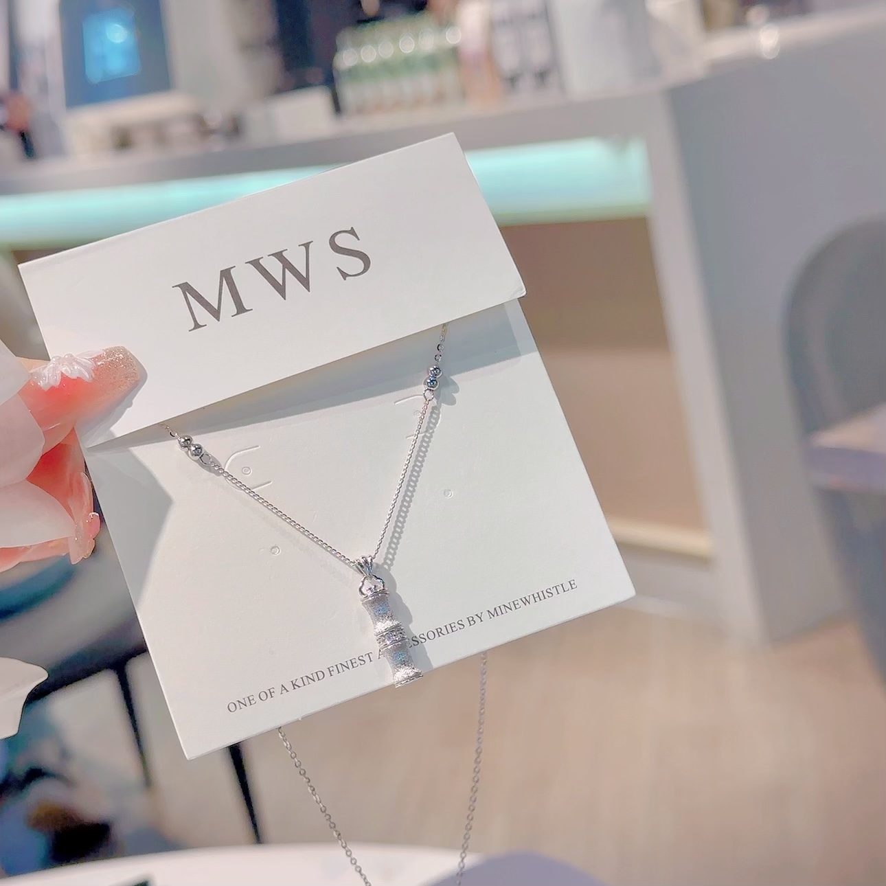 坠链均925银锆石 雪银银匠/纯银立体竹节银项链百搭气质