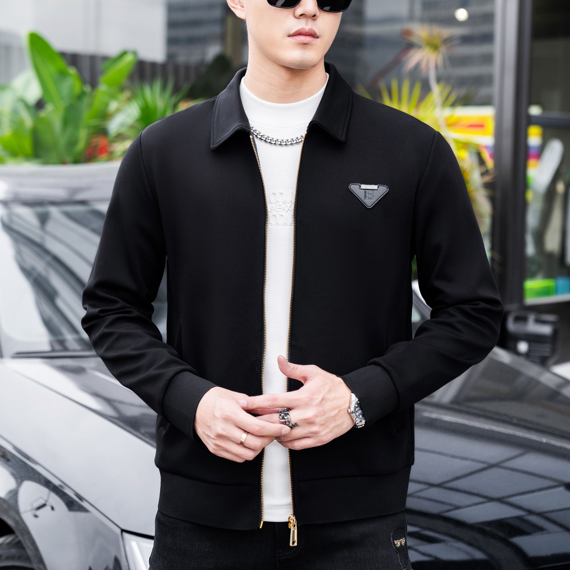 25春秋新款 男士简约三角皮标高端质感夹克修身外套9001