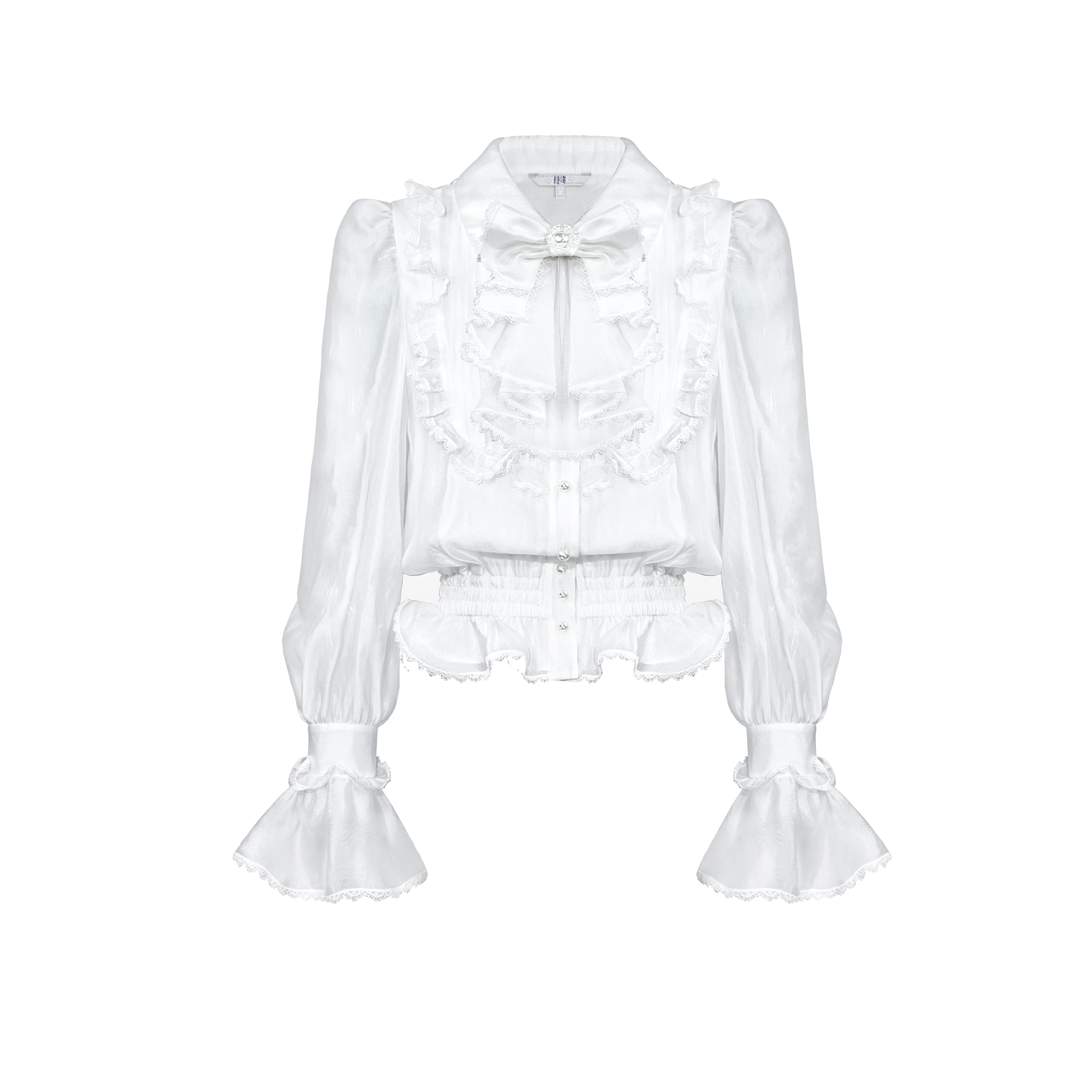 姜穹JIANGQIONG 2025早秋法式重工蕾丝荷叶边蝴蝶结收腰白衬衫女