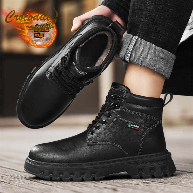 鳄鱼恤马丁靴男冬季高帮加绒保暖工装靴户外真皮防滑机车英伦皮靴
