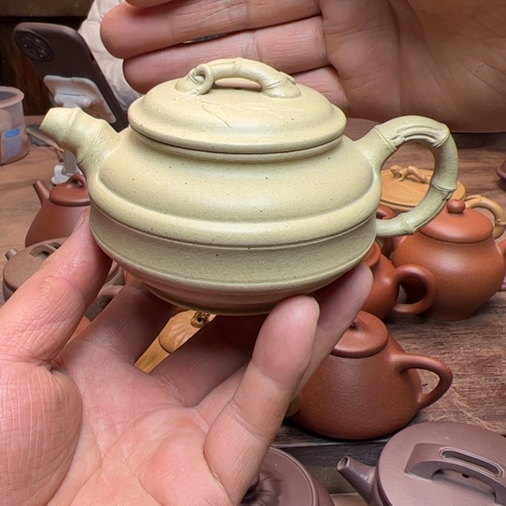 本山绿泥茶壶本绿泥半手精工制作双线竹鼓220c c