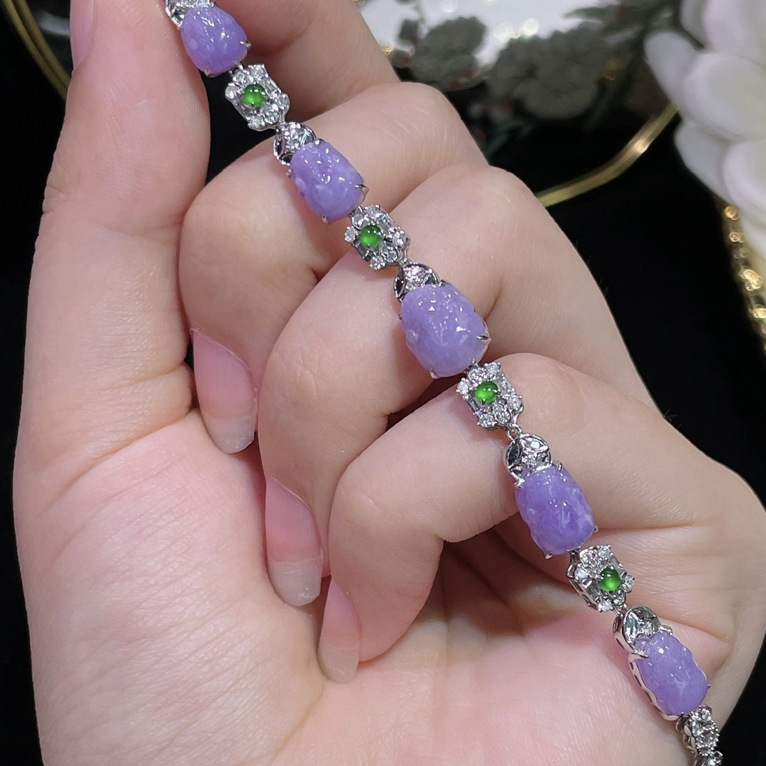 高端翡翠天然缅甸A货18k金镶嵌钻石紫罗兰浓紫色貔貅手链