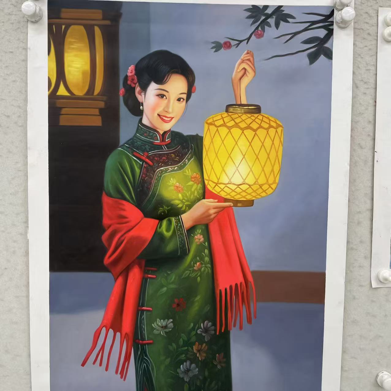 林彦新-中国新娘-灯笼-绿旗袍-约60-90厘米-油画-麻布