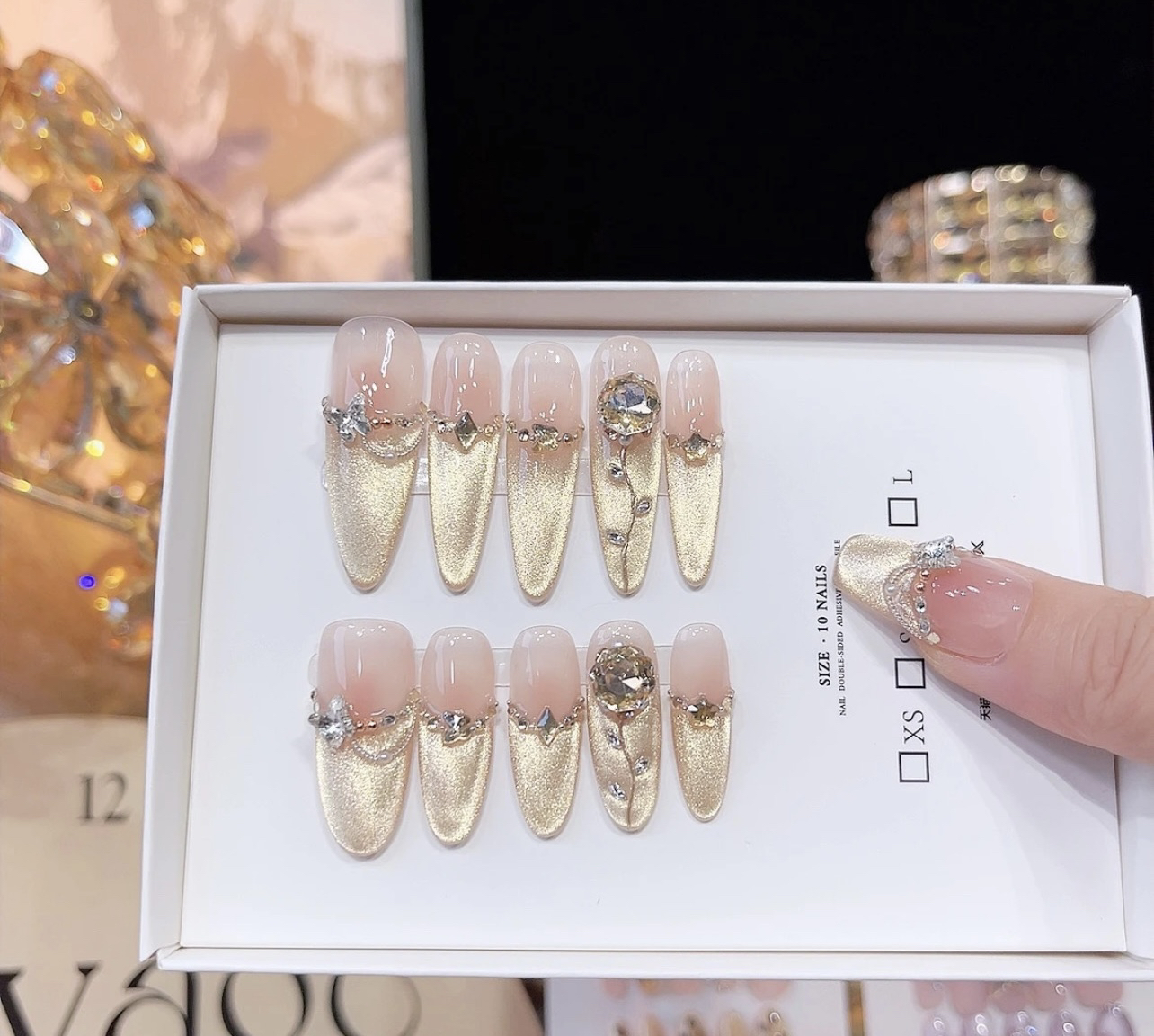 【玫瑰之恋】纯手工穿戴秋冬高级香槟猫眼美甲气质可拆卸光疗指甲