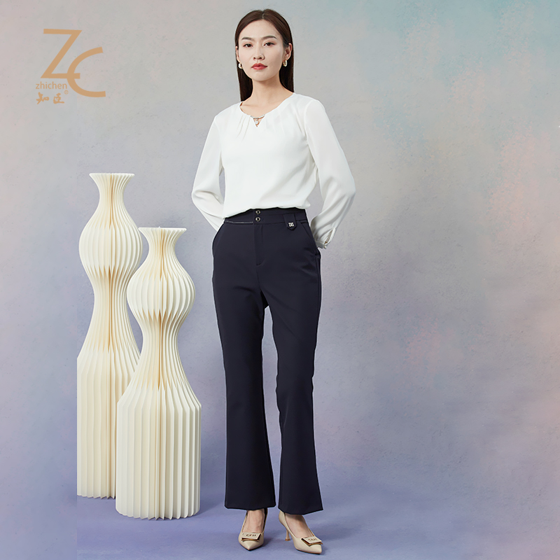 【商场同款】知臣秋新品 通勤腰部装饰喇叭长裤女 26233583