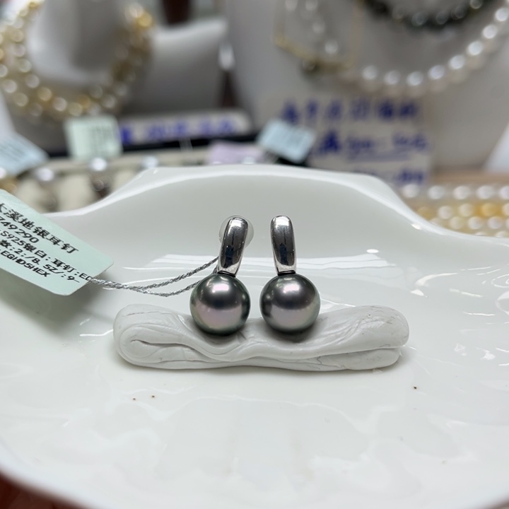 海水珍珠漏大溪地亮面耳钉9-10mm银S925镶嵌y*u