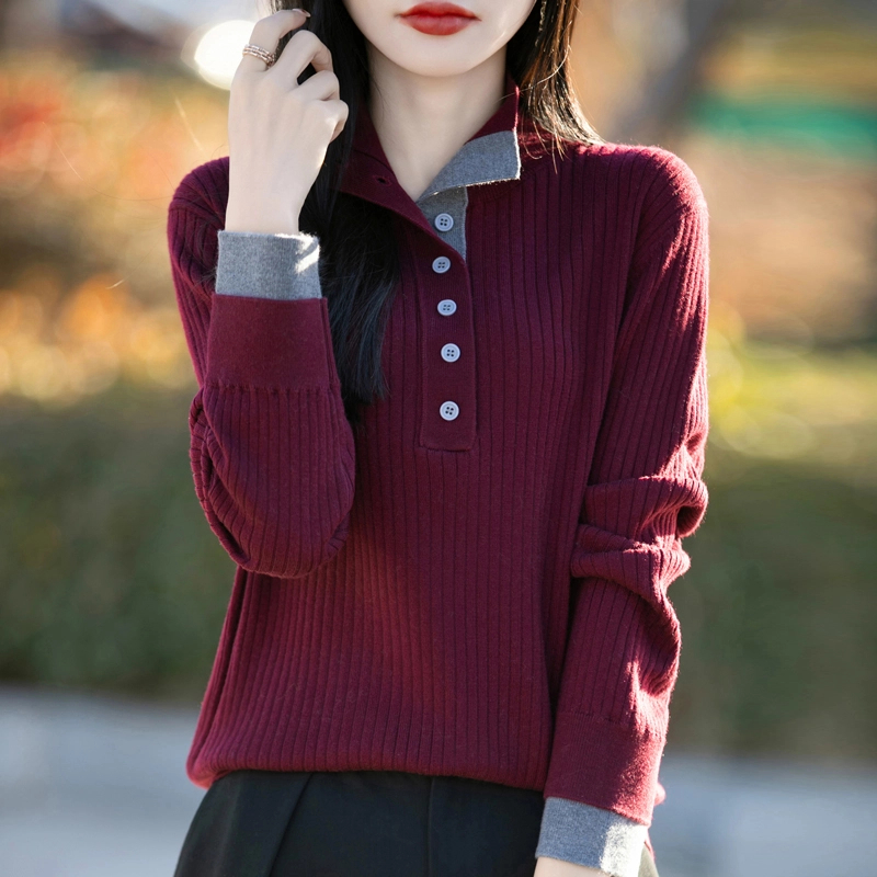 2025新款春秋红色半开领假两件针织打底衫女洋气大码女装秋冬毛衣