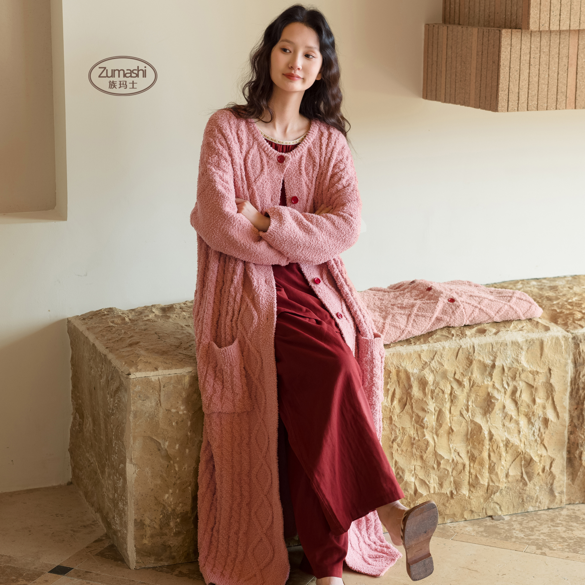 族玛士半边绒睡裙女冬天针织衫睡衣珊瑚绒长款春秋季可外穿家居服