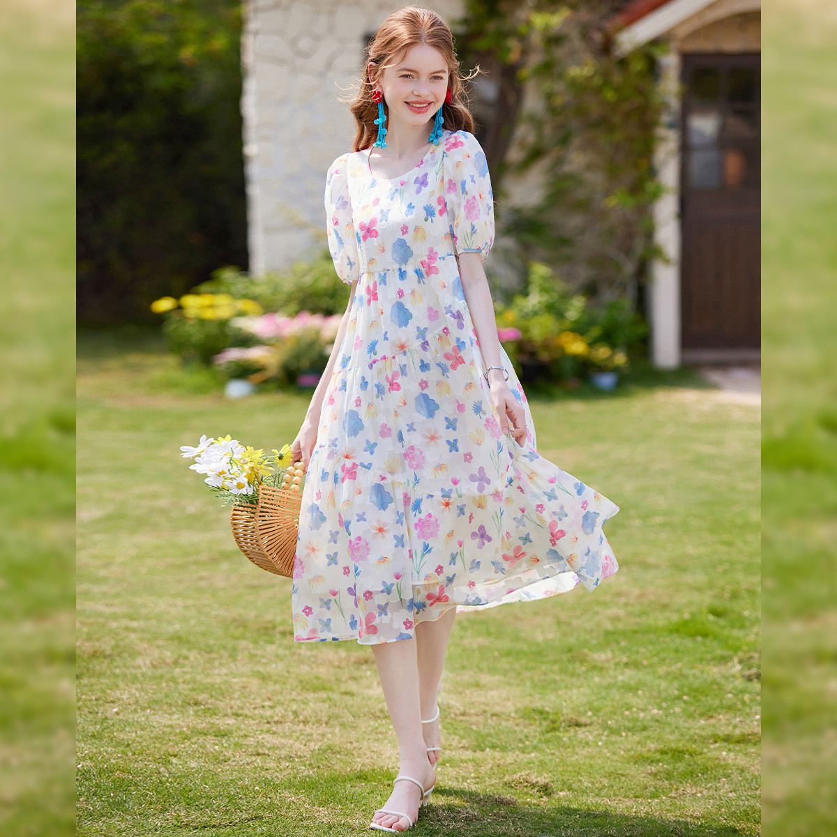 【小铃铛】白鹿语甜美印花裙泡泡袖女式连衣裙WYU20144