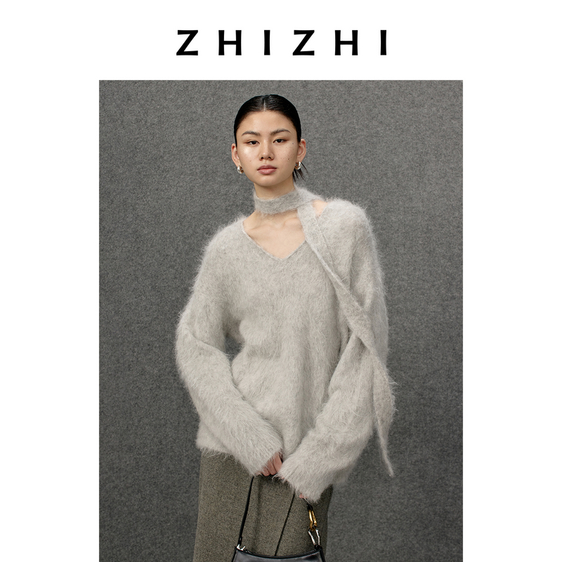 致知 好事近 羊驼拉毛围巾V领毛衣宽松25年冬季新款ZZ2EWKZL006