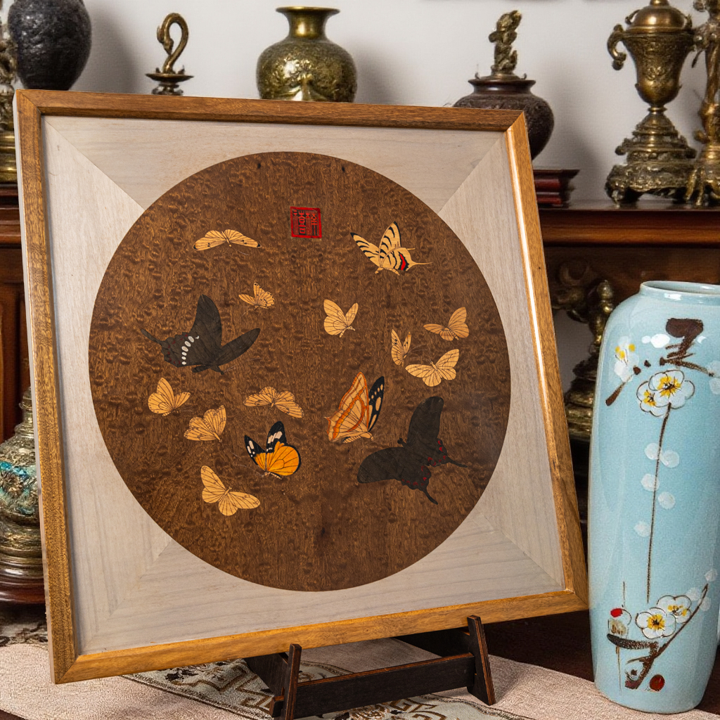 【楠禧】花间蝶舞金丝楠水滴纹乌木创意国画装饰藏品书房客厅挂画