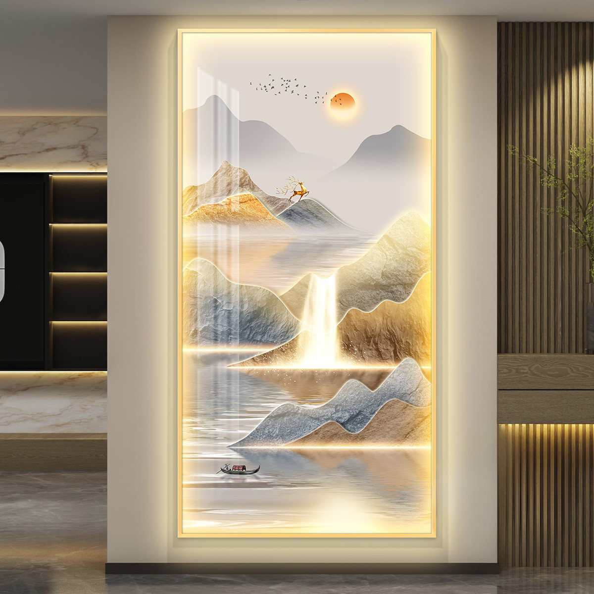 轻奢led带灯入户玄关装饰画走廊过道挂画壁画简约现代高档山水画