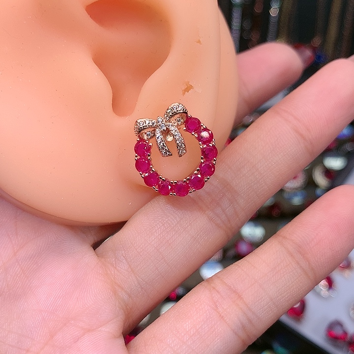 红宝石耳饰银S925镶嵌1