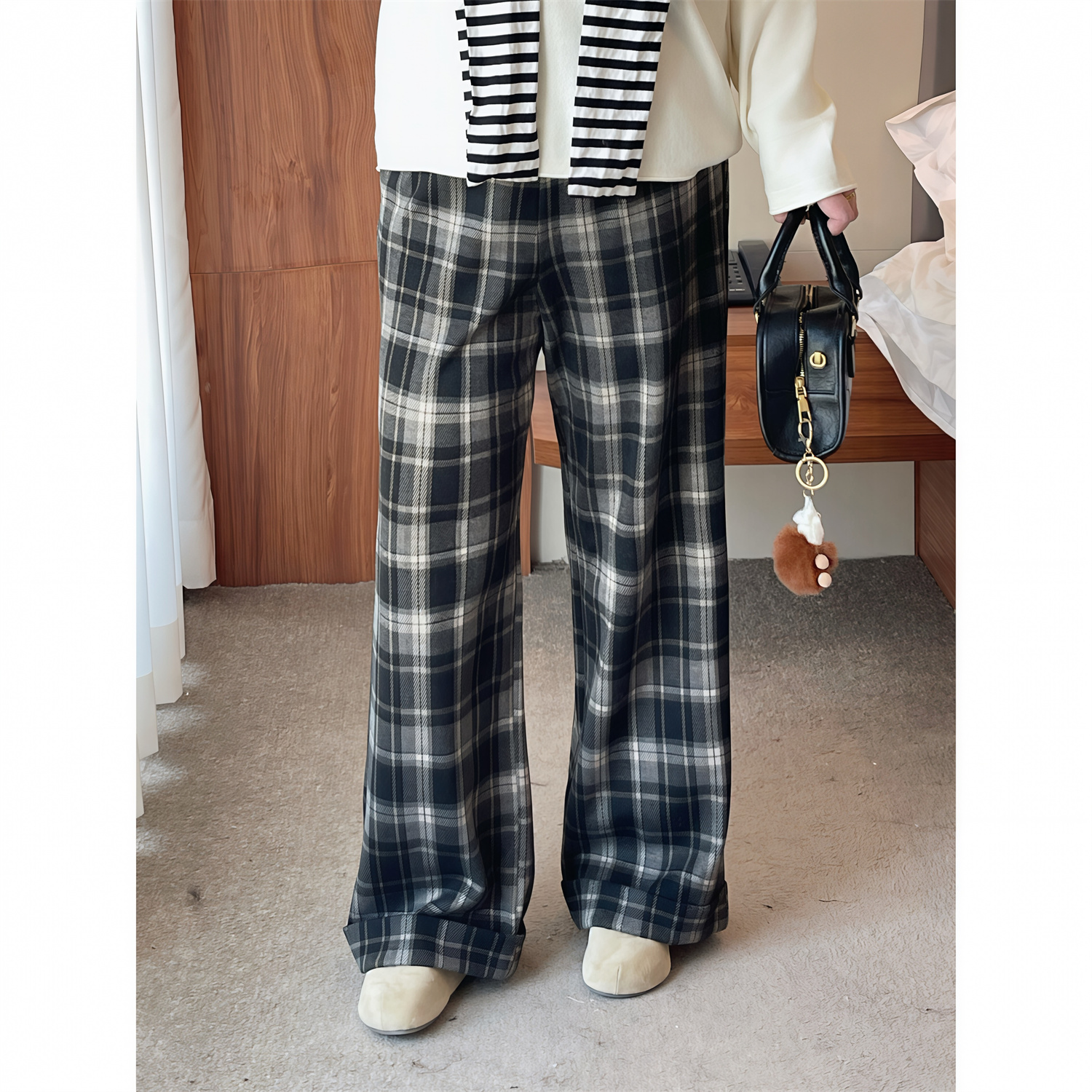 花契“波尔站台”大码女装秋季百搭200斤胖mm时尚加绒休闲裤15946-X