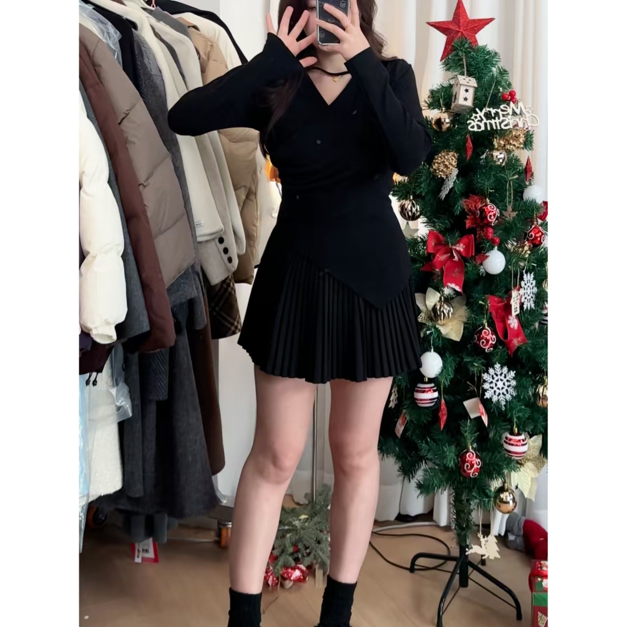 【MuMu】法式交叉V领亮片纯欲上衣开衩内搭打底衫N9070