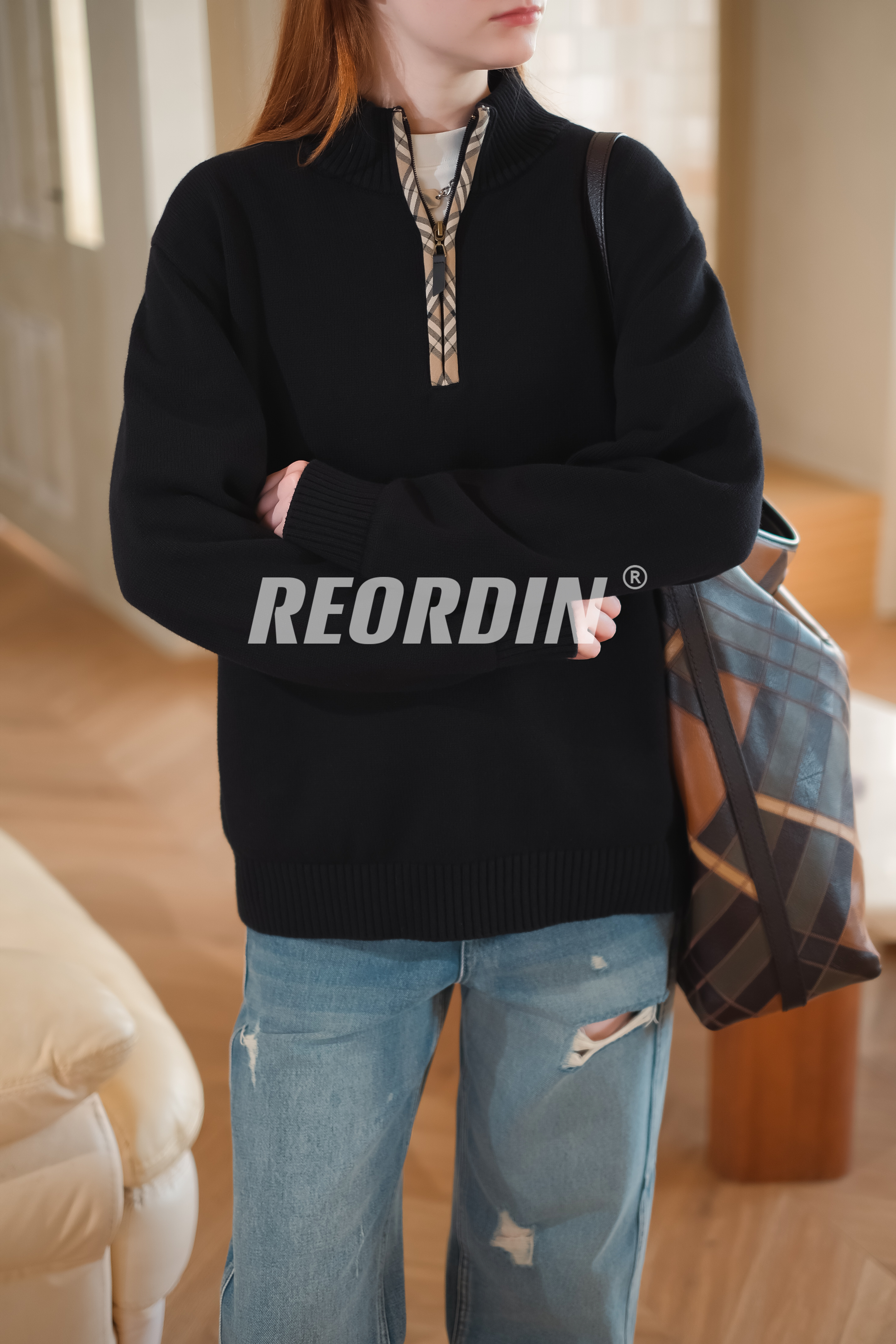 【REORDIN】半拉链格纹套头棉质山羊绒毛衣男款宽松