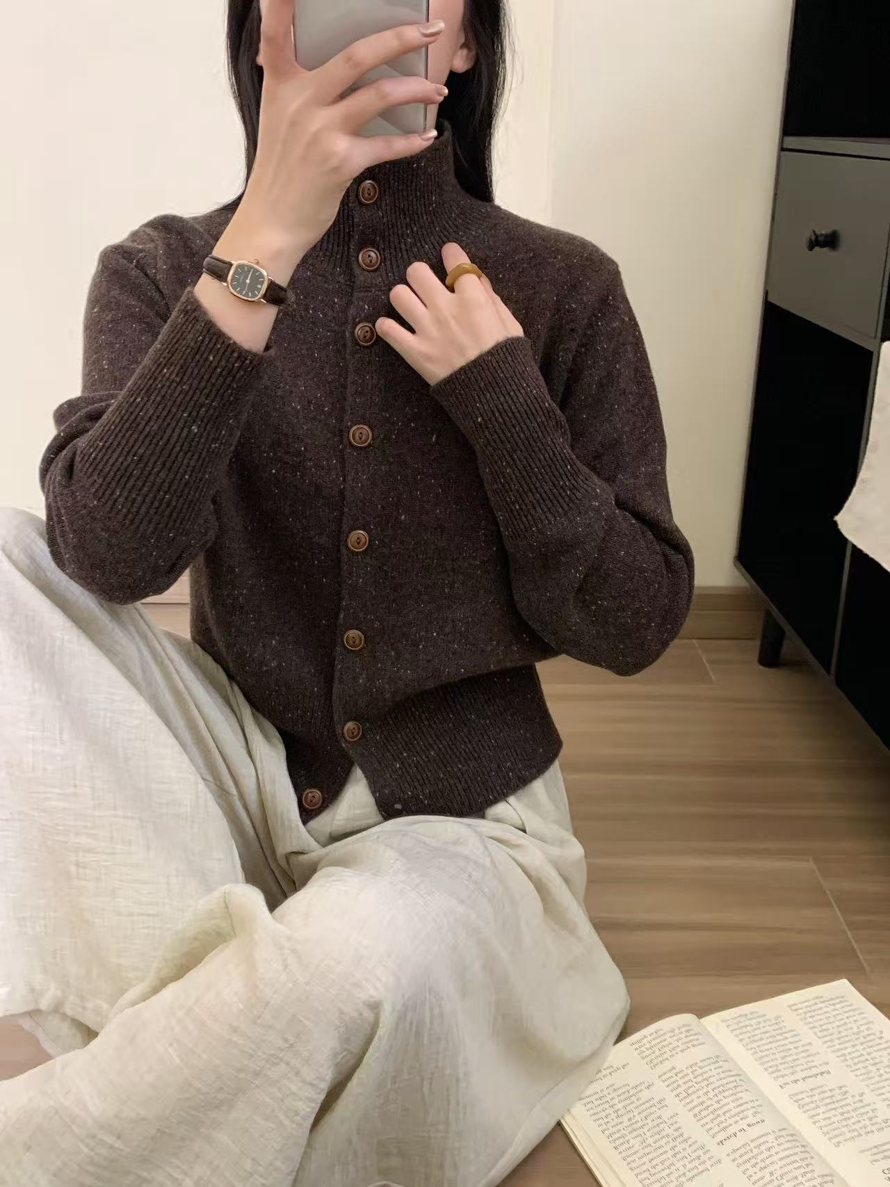 针织女装宽松休闲上衣极简风开衫羊毛外套秋冬装全毛短款毛衣2518