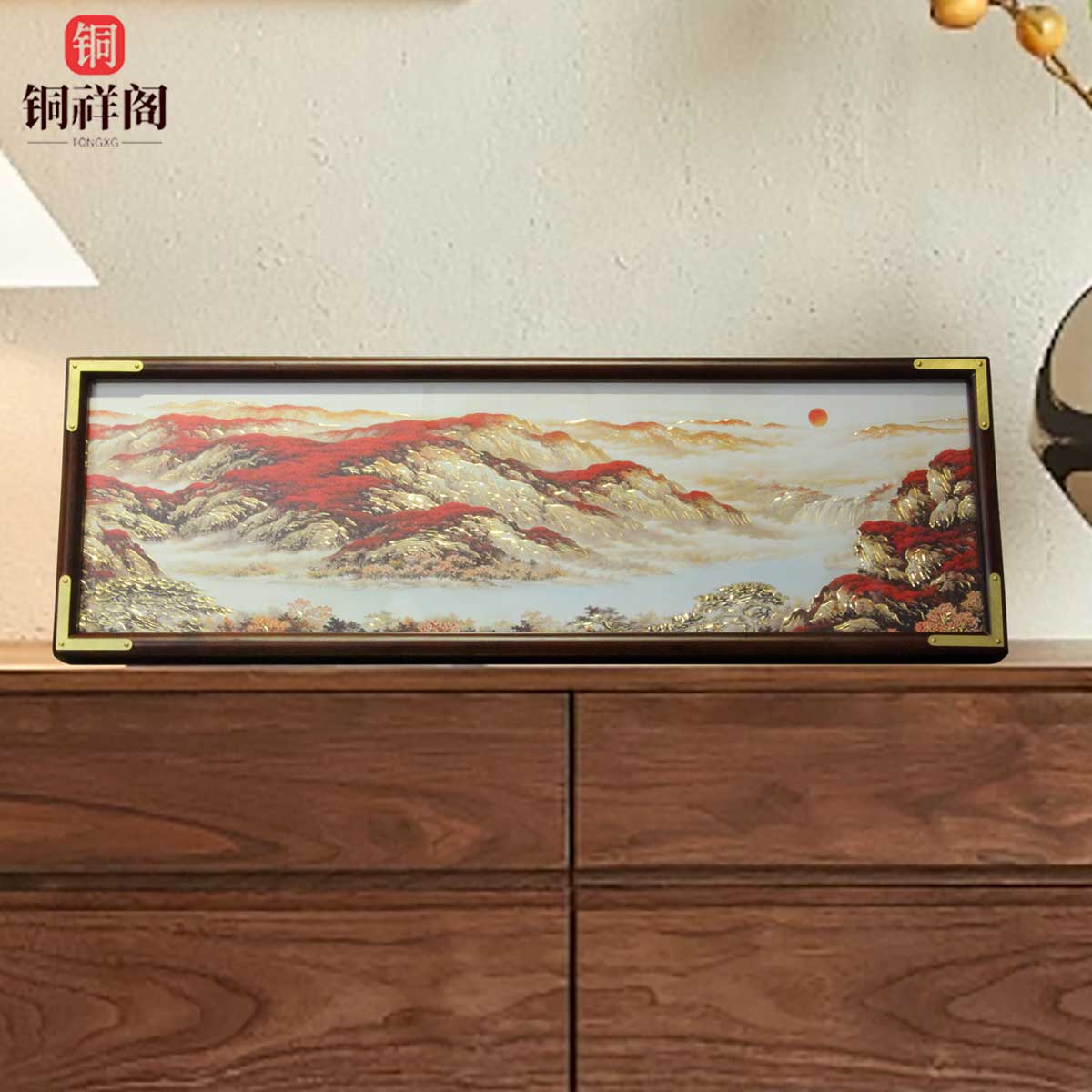 铜祥阁 满屏铜雕錾刻 鸿运当头 书房客厅茶台摆件 铜雕装饰画