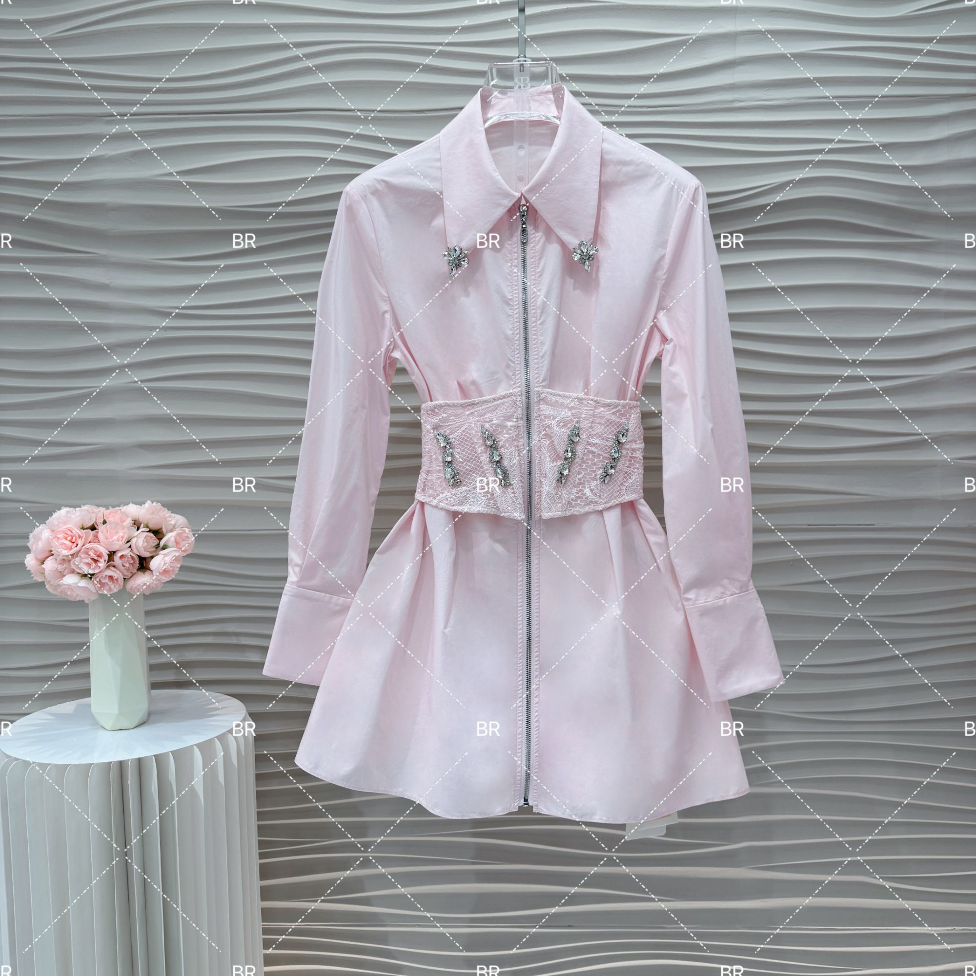 【丹】2025秋季新款衬衫连衣裙重工女蕾丝腰封裙子5331