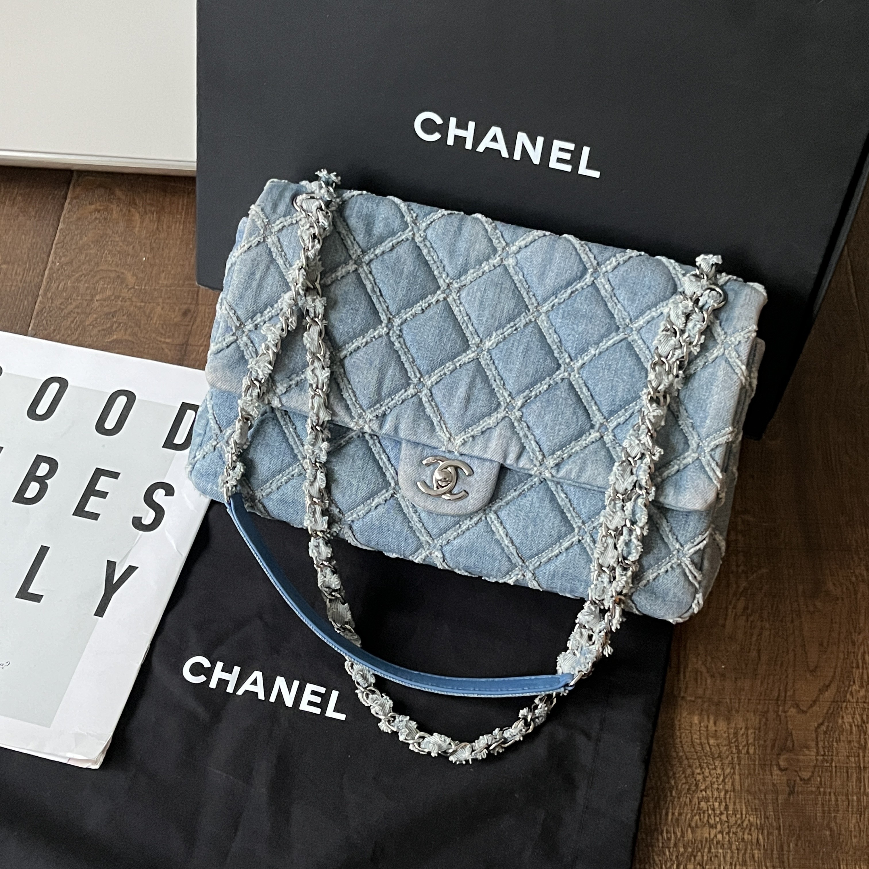 95新 Chanel/香奈儿 Azul-蓝色水洗牛仔CF jumbo单肩斜挎包 39326