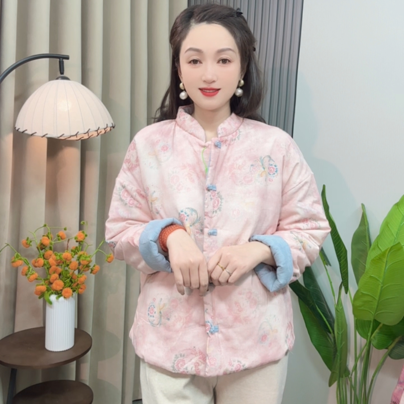 2冬季常规两面穿保暖长袖印花立领棉衣棉服小棉女装秋冬加绒加厚