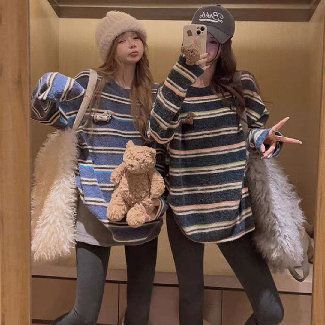 【腊肠狗】Y韩风毛绒绒条纹长袖加厚T恤百搭显瘦圆领卫衣