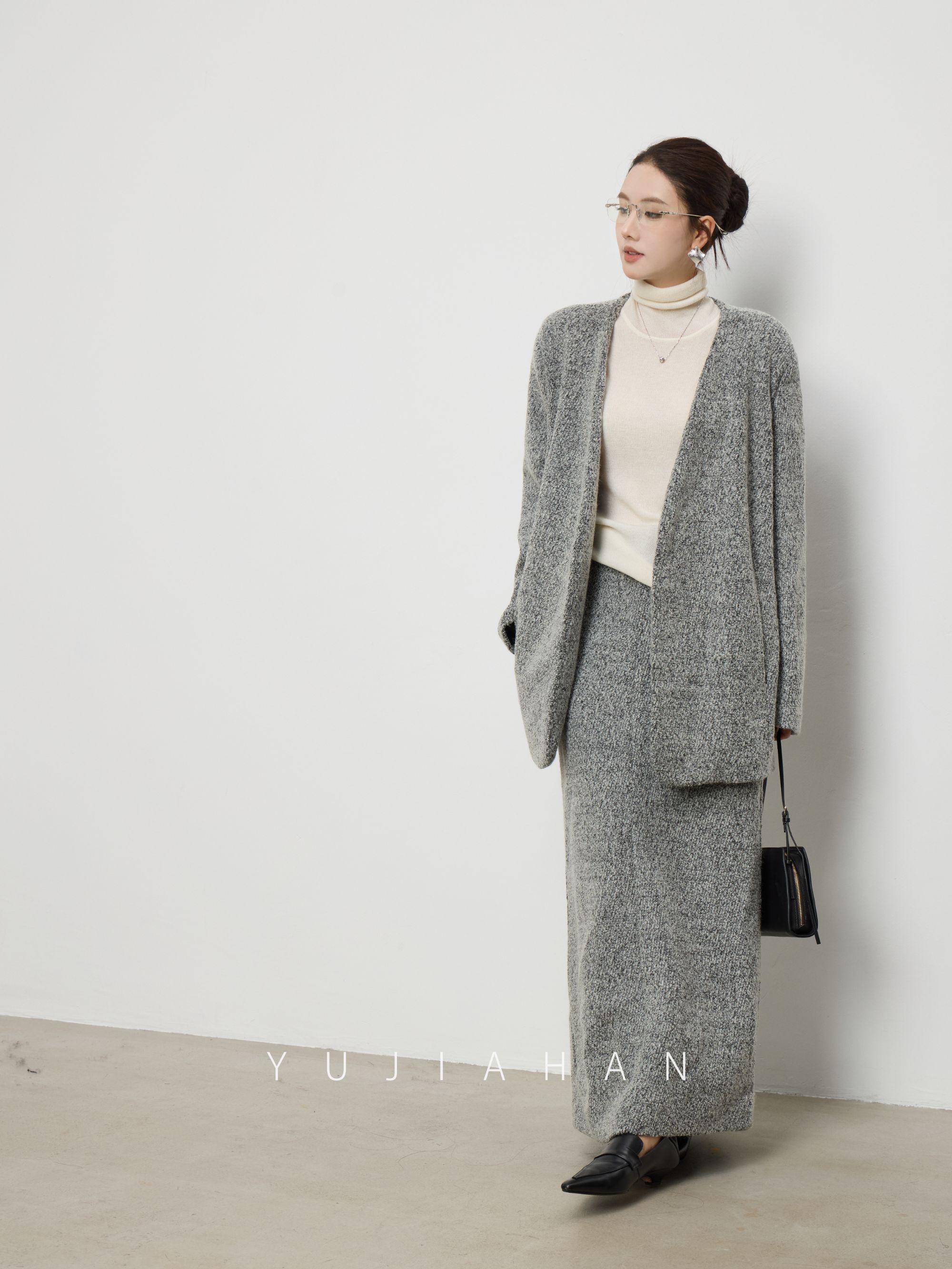 YUJIAHAN「灰韵套装」高级灰加厚羊毛毛呢外套A字半身裙气质套装女