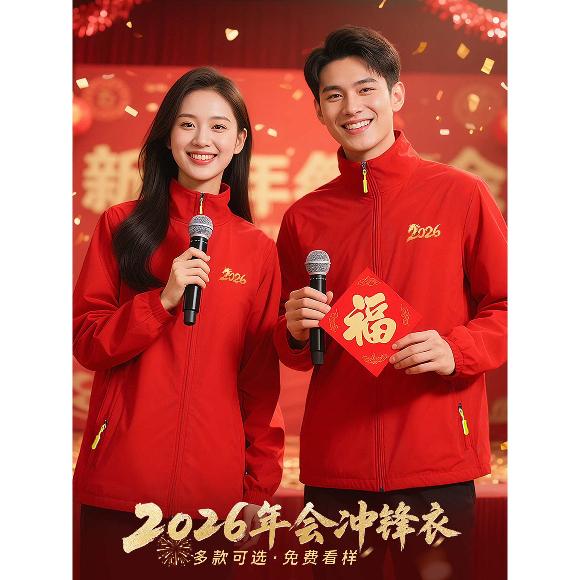 2026马年红色企业年会服装定制冲锋衣印logo公司周年庆工作服外套