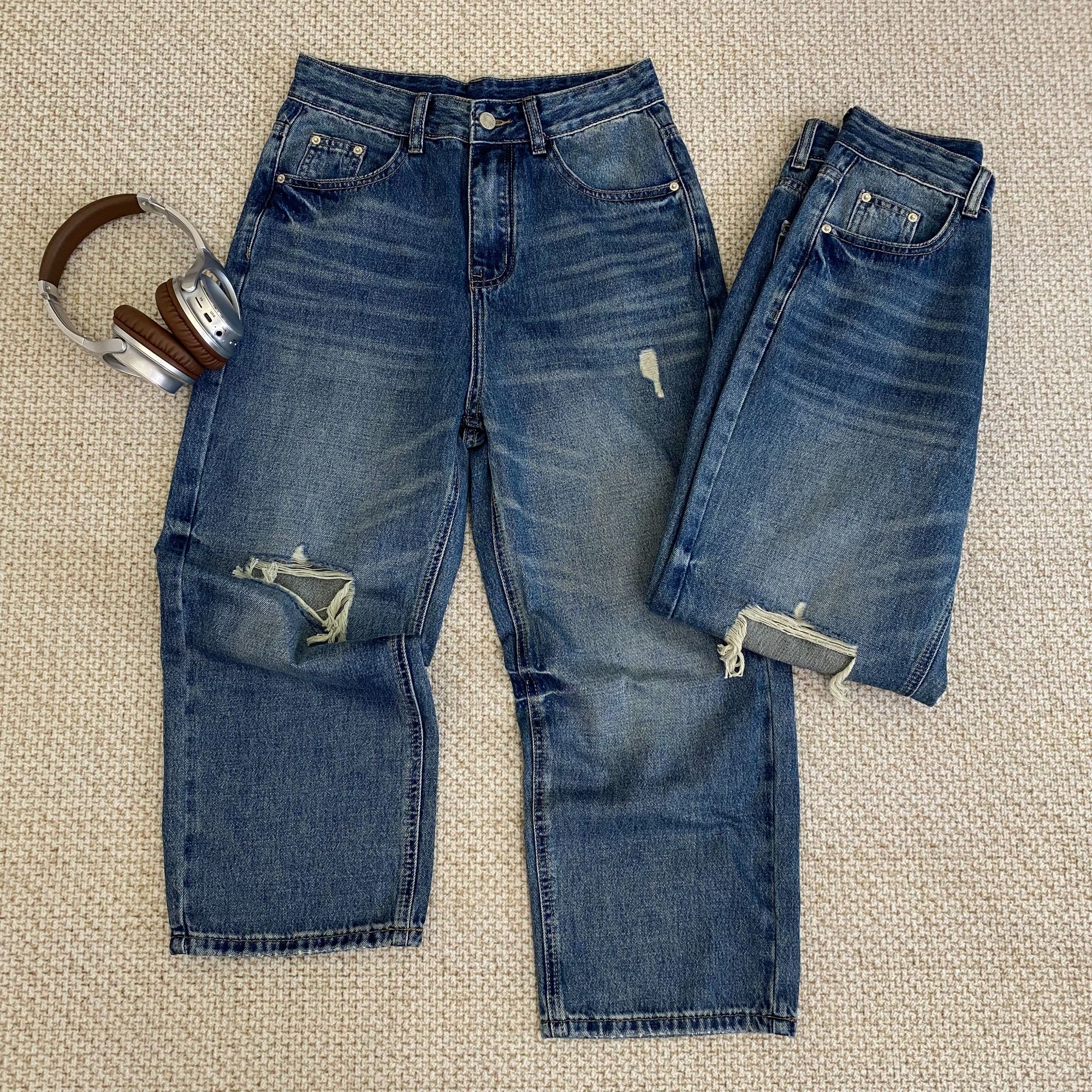 【郁儿严选】2025春夏季新款破洞宽松直筒潮流复古阔腿牛仔裤