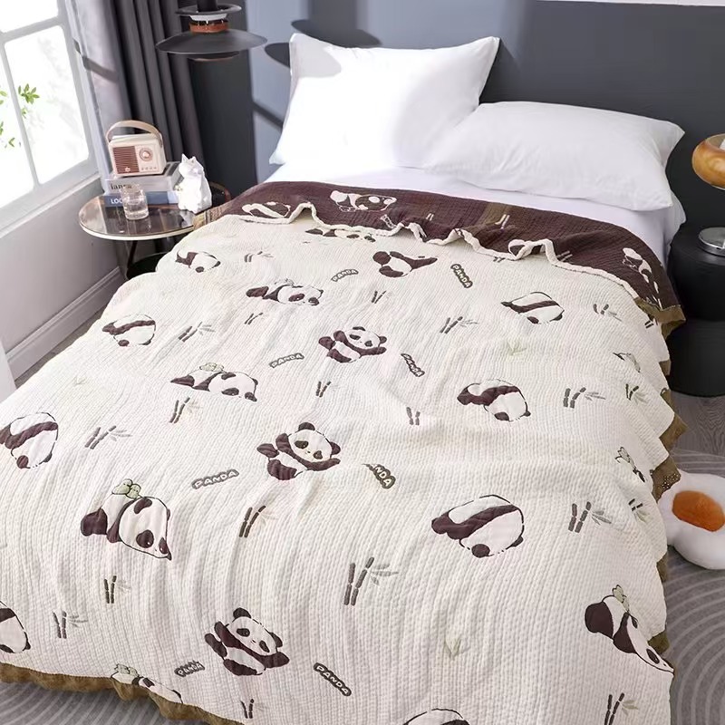 【熊猫】150*200蕾丝花边天丝棉纱布柔软透气毛巾被毛巾毯毯午休毯
